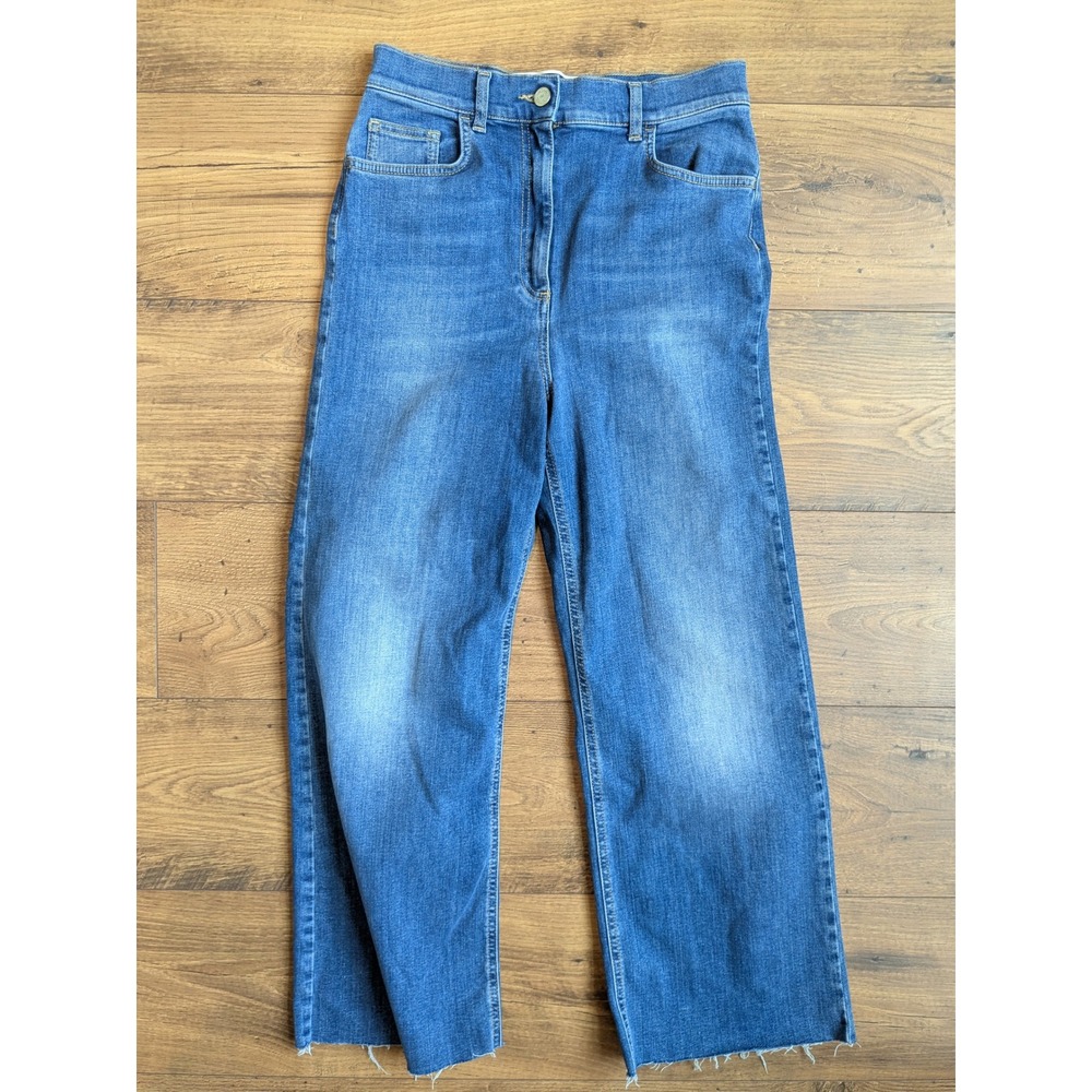 Elisabetta Franchi Cropped Wide Leg Jeans Gold Button Raw Hem Made Italy 27x26